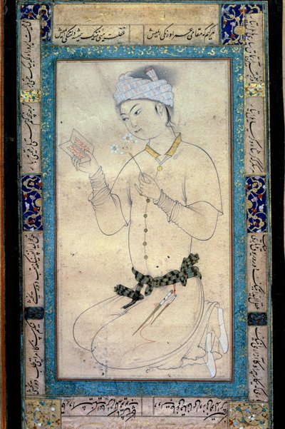 ムハンマド・シェイクのグワッシュで、本とナルシスを持った若い男性 ペルシャの細密画 作： Muhammad Shaykh