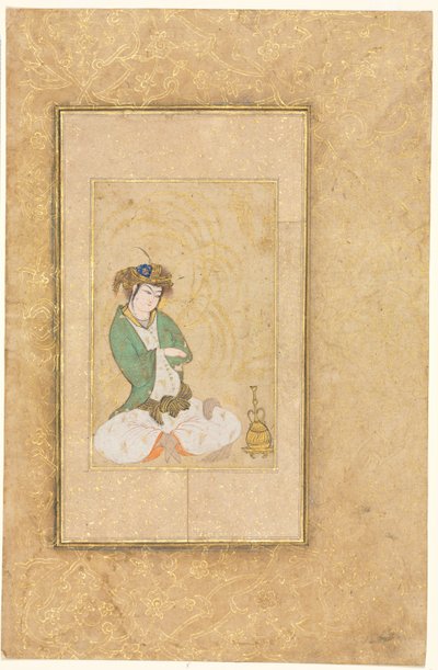 柳に着席した若者、1ページのイラスト、c。 1600-1650。 作： Muhammad Yusuf