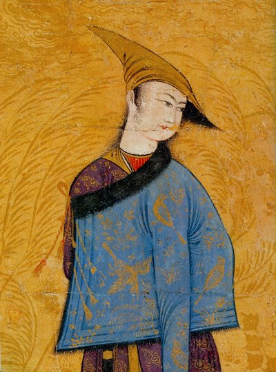 1640年代、肩に毛皮の裏地付きの短いコートを着た若者。 作： Muhammad Yusuf