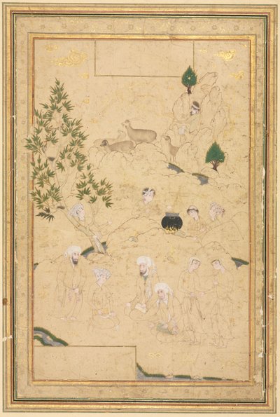 山でのピクニック、単一ページのイラスト、c。 1550-1600。 作： Muhammadi