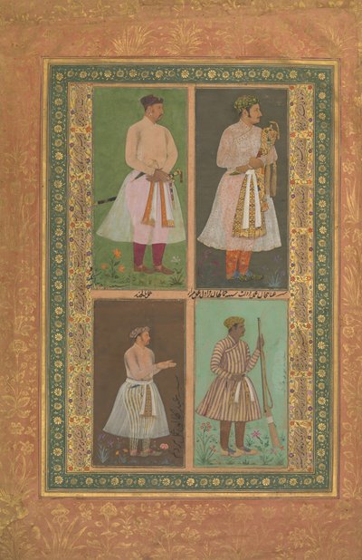 4 つの肖像画: 左上 A Raja おそらく Raja Sarang Rao、Balchand 作... 1610-15 作： Murad