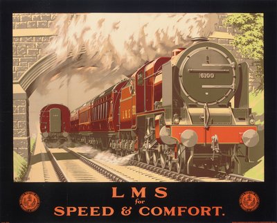LMS for Speed and Comfort、ロンドン、ミッドランド、スコットランド鉄道を宣伝するポスター (カラー リソ) 作： Murray Secretan