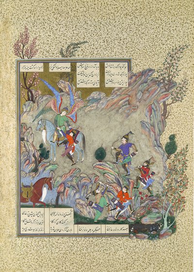 エンジェル・スラッシュは袋小路からクスラウ・パルヴィズを救出、フォリオ 708v from the..., ca. 1530-35。 作： Muzaffar 