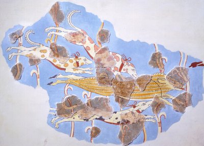 狩猟シーン、ティリント宮殿 (ギリシャ) のフレスコ画、ミケーネ文明 作： Mycenaean
