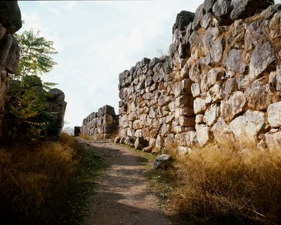 ミケーネの美術：紀元前1200年頃、ティルンテ市にあるミケーネの城塞の上部要塞へのアクセス。グレイス 作： Mycenaean