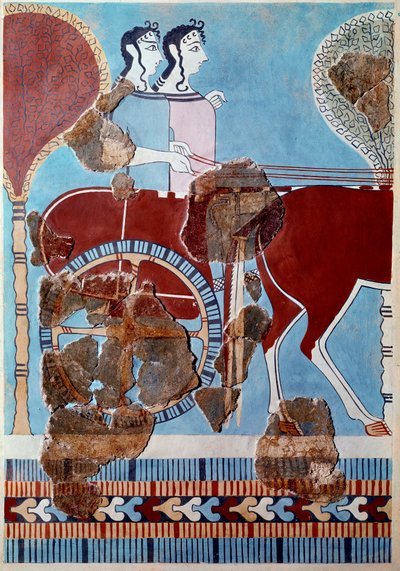 ミケニアン美術：水槽の上のカップル。ティルンテ宮のフレスコ画の断片と再構成 作： Mycenaean