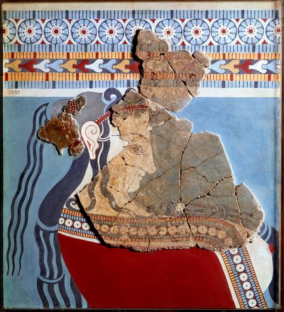 ミケニアン美術：女性の胸像。ティルンテ宮殿のフレスコ画の断片と再構成 作： Mycenaean