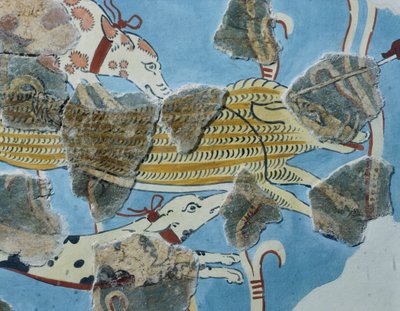 Fresko Tirinto-palatsista (Kreikka). Yksityiskohta: ryhmä koiria hyökkäämässä villisikaa vastaan. Mykeneen sivilisaatio 作： Mycenean