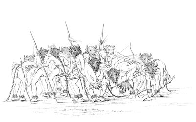 バッファローマスクを身に着けて踊るネイティブアメリカンのハンター、1841年。 作： Myers and Co