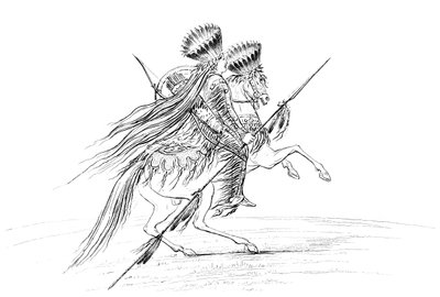 武器と頭飾りを持ったネイティブアメリカンの男性。1841年、馬に乗っていました。 作： Myers and Co