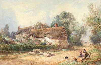 小路の茅葺きコテージ（水彩画） 作： Myles Birket Foster
