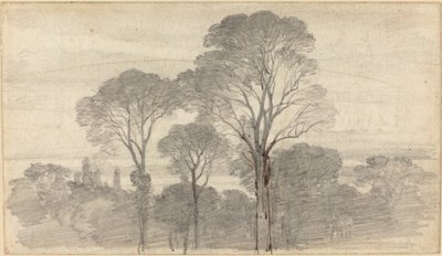 背の高い木々のある夕景 作： Myles Birket Foster