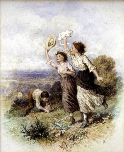 蝶々を捕まえる（水彩・紙） 作： Myles Birket Foster