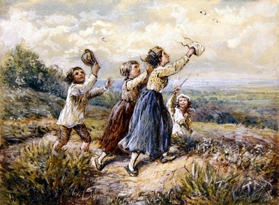 蝶を追う子供たち（紙にガッシュ、水彩） 作： Myles Birket Foster