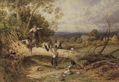 倒れた木の上で遊ぶ子供たち 作： Myles Birket Foster