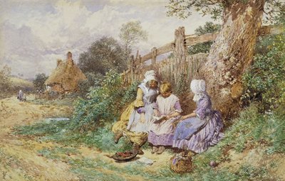 田舎道の横で読書する子供たち 作： Myles Birket Foster