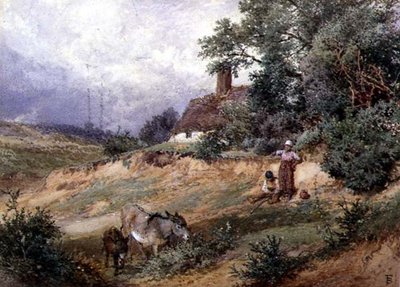 ヒース・コテージのそばの子供とロバ 作： Myles Birket Foster