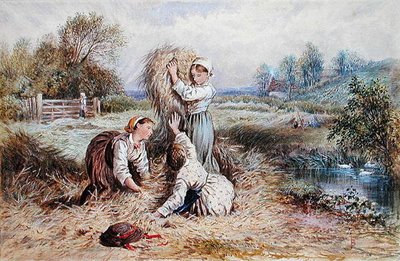 草原で遊ぶ子供たち（水彩・紙） 作： Myles Birket Foster