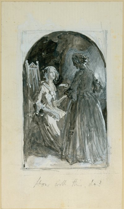「エマはマドレーヌの硬い手からビレットを取っている」（bc、鉛筆と紙の上のWC） 作： Myles Birket Foster
