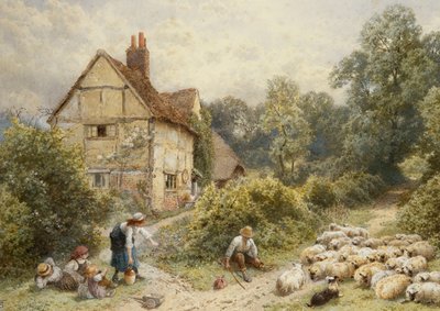 WitleyにあるFowl House Farm、子供、羊飼いと羊の群れが近くにあり、 作： Myles Birket Foster