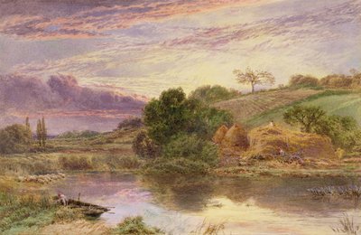 夕方の川のそばの干し草屋（水彩画は白で強調されています） 作： Myles Birket Foster