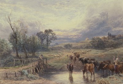 牛と橋のある風景、19世紀 作： Myles Birket Foster