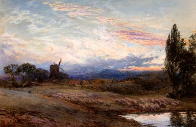 夕暮れに水をやる羊（水彩画） 作： Myles Birket Foster