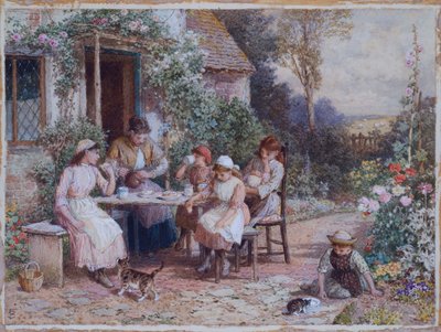 ティータイム（カードに鉛筆と水彩絵の具で盛り上げたもの 作： Myles Birket Foster