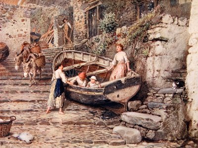 孤立したボートと人物が描かれたクロベリーの眺め（1882年） 作： Myles Birket Foster