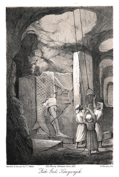 1853年にニネベの魚神ダゴンの浮き彫り彫刻を発掘 作： N. Chevalier