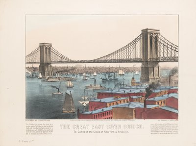 グレートイーストリバーブリッジ：ニューヨークとブルックリンの都市をつなぐ、1872年頃 作： Nathaniel Currier