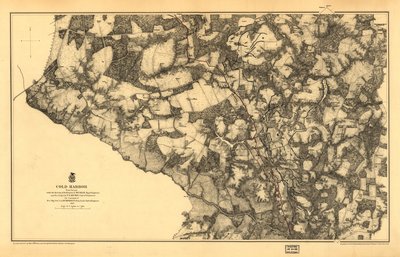 21,120。 LC Civil War Maps (2nd ed.), 531.3 この号では、地図は黄色の背景に印刷され、チカホミニー川は緑色に着色されています。 道路、バージニア セントラル R. R.、住宅、フェンス、住民の名前、植生、排水、レリーフを ha 単位で表示 作： N. Michler