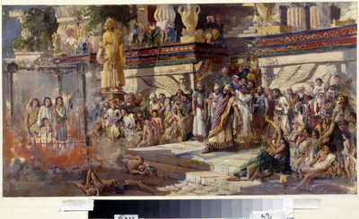 火の燃える炉の3人の青年、1879年（段ボールに油彩） 作： N. T. Malyshev