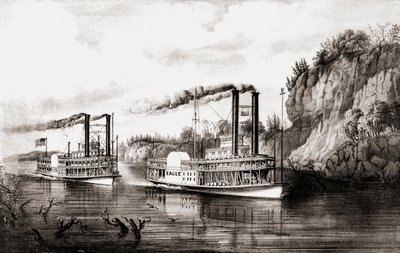 アメリカのミシシッピ川でレースをする蒸気船。 作： N. and Ives J.M. Currier