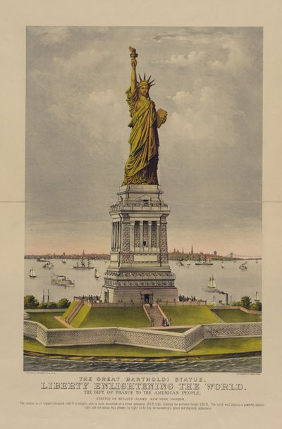 偉大なバルトルディ像、世界を啓発する自由、アメリカ人へのフランスの贈り物、1885年頃（クロモリトグラフ） 作： Currier and Ives