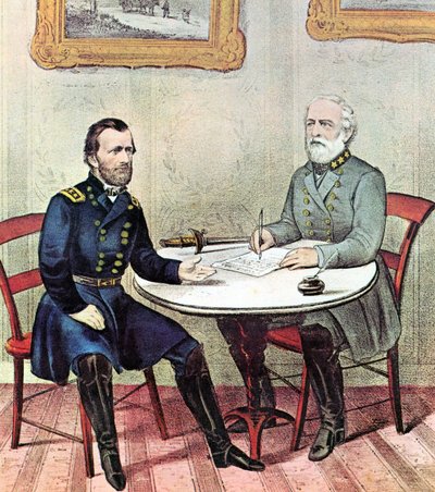 アメリカ南北戦争：グラント将軍（左）とリー将軍は、1865年のパームサンデーに、リーの北バージニア軍の降伏条件を取り決めるために会談した。 作： N. and Ives J.M. (1824 95) Currier