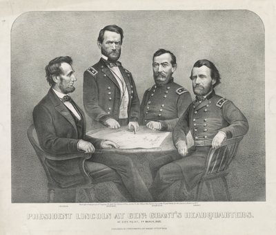 グラント元帥の本部でのリンカーン大統領（1865年頃）（リトグラフ 作： Currier and Ives