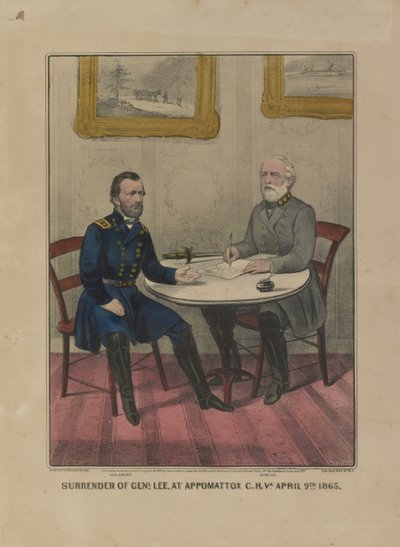 リー将軍の降伏、バージニア州アポマトックスC.H.にて。4月9日1865年（カラーリトグラフ 作： Currier and Ives