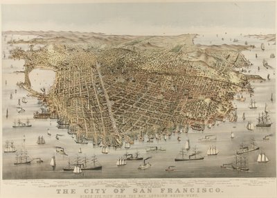 サンフランシスコ市 - 湾からの鳥瞰図、南西方向を見る 作： Currier and Ives