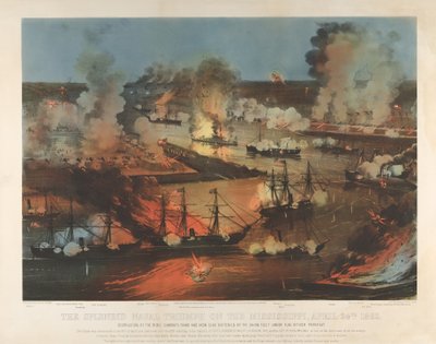 4月24日、ミシシッピ川での華麗なる海軍の勝利 作： Currier and Ives