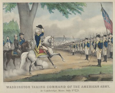 1775年7月3日、マサチューセッツ州ケンブリッジでアメリカ軍の指揮を執るワシントン 作： Currier and Ives