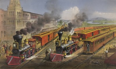アメリカの鉄道シーン：1874年のジャンクションを出る雷の急行列車 作： N. and Ives, J.M. Currier