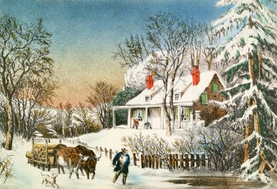 丸太を家に持ち帰る、冬の風景、19世紀 作： N. and Ives, J.M. Currier
