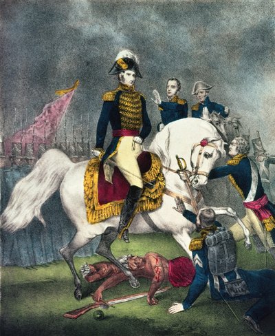 ティペカヌーの戦いでのウィリアムH.ハリソン将軍（1773〜1841年）、1840年 作： N. and Ives, J.M. Currier