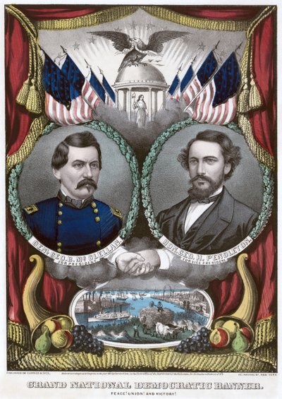 グランド国立民主党のバナー。平和！連合！そして勝利！、1864 作： N. and Ives, J.M. Currier