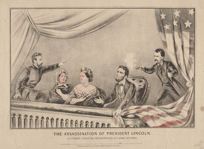 リンカーン大統領の暗殺、ワシントン州フォーズシアター、1865年（手描きのリトグラフ） 作： N. and Ives, J.M. Currier
