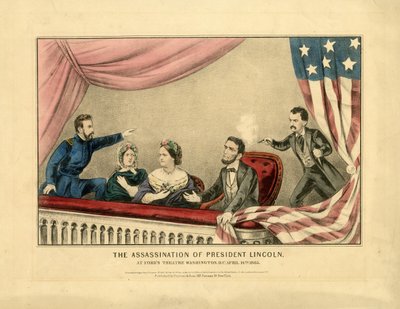 リンカーン大統領暗殺、ワシントンDCのフォード劇場で1865年4月14日、1865年 作： N. and Ives, J.M. Currier