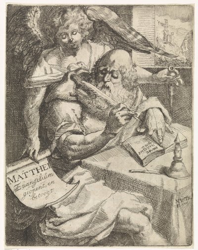 伝道者マタイ Mattei Evangelium が開き、議論します (オブジェクトのタイトル) タイトルページ: S. van Til, Het euangelium des H. apostles Matthæi (...) 簡潔なメモで開かれました, 1687 作： N. van Til