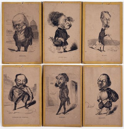 6 Charge Portraits:Pierre Jean de Beranger (1780-1857) フランスの作詞家、Alexandre Dumas fils (1824-1895)、Louis Adrien Huart (1813-1865) フランスのジャーナリスト、作家、演劇監督、Gerard de Nerval (1808-1855) フランスの作家、Charles Matharel de Fie 作： Nadar