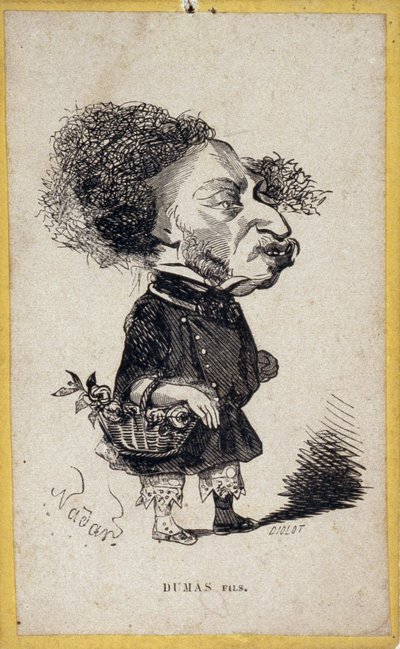 フランスの作家、アレクサンドル・デュマ・ジュニア（1824-1895）の肖像ロード（ポートレート・チャージ）。漫画はGaspard Felix Tournachon dit Felix Nadar（1820-1910）。 作： Nadar